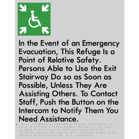 Braille Sign Emergency Evacuation Refuge - Braille Tactile Signs Aust. - BTS448-slv - Custom Signs - Fast Shipping - High Quality - Australian Made &amp; Owned