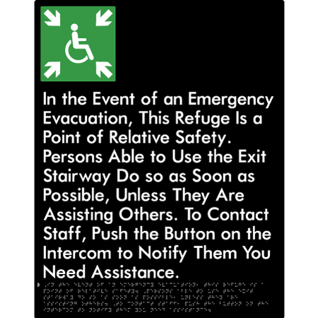 Braille Sign Emergency Evacuation Refuge - Braille Tactile Signs Aust. - BTS448-blk - Custom Signs - Fast Shipping - High Quality - Australian Made &amp; Owned