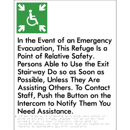 Braille Sign Emergency Evacuation Refuge - Braille Tactile Signs Aust. - BTS448-wht - Custom Signs - Fast Shipping - High Quality - Australian Made &amp; Owned