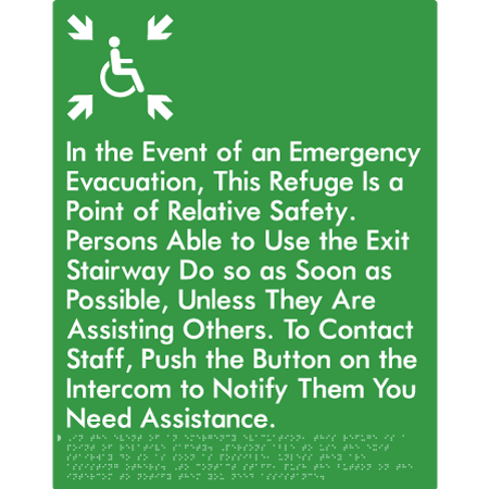 Braille Sign Emergency Evacuation Refuge - Braille Tactile Signs Aust. - BTS448-grn - Custom Signs - Fast Shipping - High Quality - Australian Made &amp; Owned