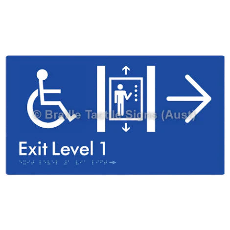 Braille Sign Exit Level 1 Via Lift w/ Large Arrow - Braille Tactile Signs (Aust) - BTS271->R-blu - Fully Custom Signs - Fast Shipping - High Quality - Australian Made &amp; Owned