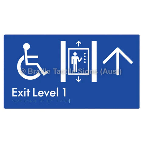 Braille Sign Exit Level 1 Via Lift w/ Large Arrow - Braille Tactile Signs (Aust) - BTS271->U-blu - Fully Custom Signs - Fast Shipping - High Quality - Australian Made &amp; Owned