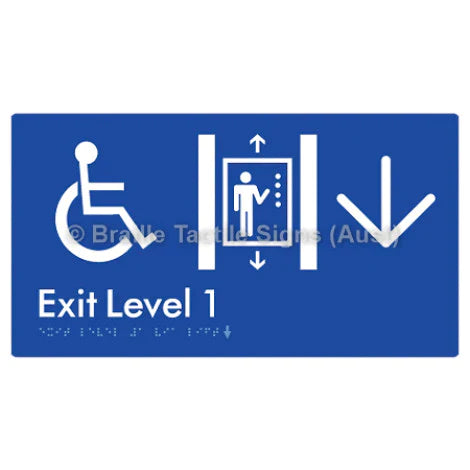 Braille Sign Exit Level 1 Via Lift w/ Large Arrow - Braille Tactile Signs (Aust) - BTS271->D-blu - Fully Custom Signs - Fast Shipping - High Quality - Australian Made &amp; Owned