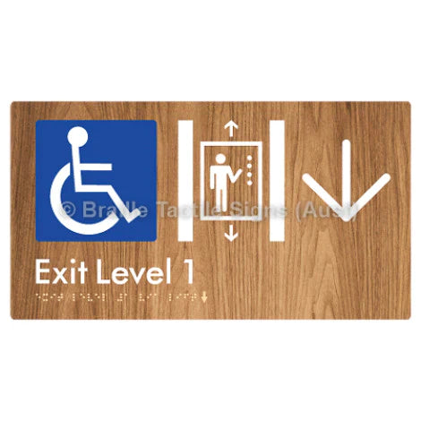 Braille Sign Exit Level 1 Via Lift w/ Large Arrow - Braille Tactile Signs (Aust) - BTS271->D-wdg - Fully Custom Signs - Fast Shipping - High Quality - Australian Made &amp; Owned