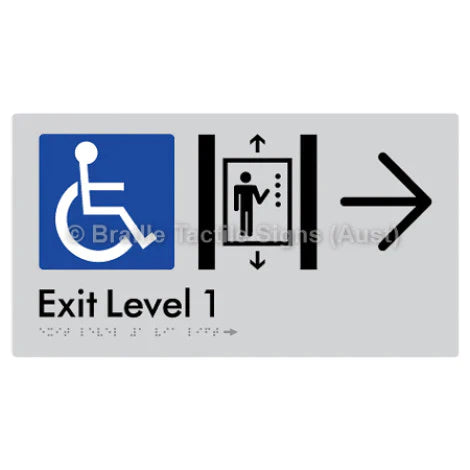Braille Sign Exit Level 1 Via Lift w/ Large Arrow - Braille Tactile Signs (Aust) - BTS271->R-slv - Fully Custom Signs - Fast Shipping - High Quality - Australian Made &amp; Owned