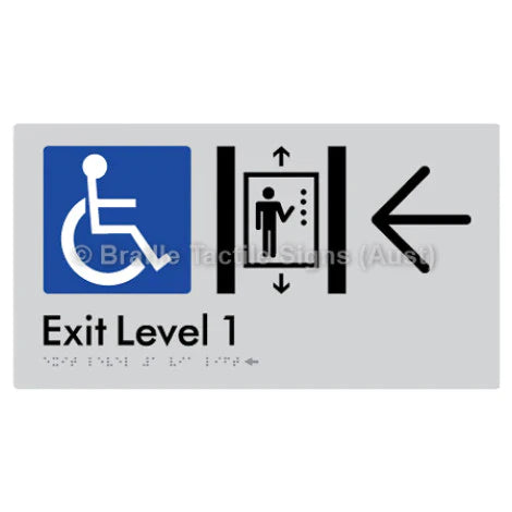 Braille Sign Exit Level 1 Via Lift w/ Large Arrow - Braille Tactile Signs (Aust) - BTS271->D-slv - Fully Custom Signs - Fast Shipping - High Quality - Australian Made &amp; Owned