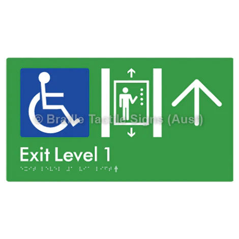 Braille Sign Exit Level 1 Via Lift w/ Large Arrow - Braille Tactile Signs (Aust) - BTS271->U-grn - Fully Custom Signs - Fast Shipping - High Quality - Australian Made &amp; Owned