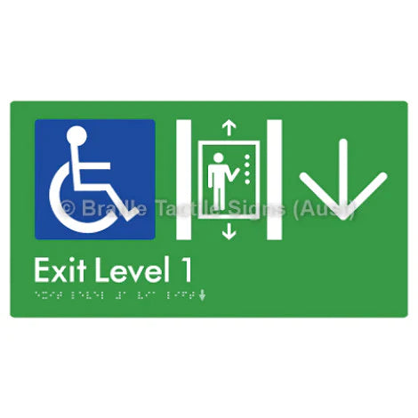 Braille Sign Exit Level 1 Via Lift w/ Large Arrow - Braille Tactile Signs (Aust) - BTS271->D-grn - Fully Custom Signs - Fast Shipping - High Quality - Australian Made &amp; Owned