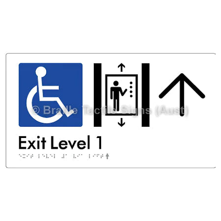 Braille Sign Exit Level 1 Via Lift w/ Large Arrow - Braille Tactile Signs (Aust) - BTS271->U-wht - Fully Custom Signs - Fast Shipping - High Quality - Australian Made &amp; Owned