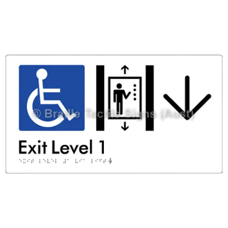 Braille Sign Exit Level 1 Via Lift w/ Large Arrow - Braille Tactile Signs (Aust) - BTS271->D-wht - Fully Custom Signs - Fast Shipping - High Quality - Australian Made &amp; Owned