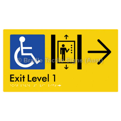 Braille Sign Exit Level 1 Via Lift w/ Large Arrow - Braille Tactile Signs (Aust) - BTS271->R-yel - Fully Custom Signs - Fast Shipping - High Quality - Australian Made &amp; Owned
