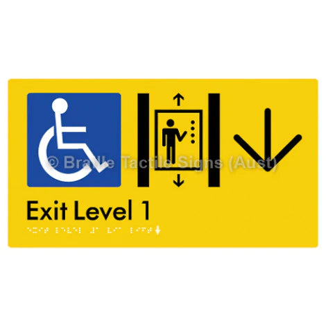 Braille Sign Exit Level 1 Via Lift w/ Large Arrow - Braille Tactile Signs (Aust) - BTS271->D-yel - Fully Custom Signs - Fast Shipping - High Quality - Australian Made &amp; Owned