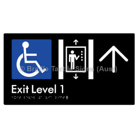 Braille Sign Exit Level 1 Via Lift w/ Large Arrow - Braille Tactile Signs (Aust) - BTS271->U-blk - Fully Custom Signs - Fast Shipping - High Quality - Australian Made &amp; Owned
