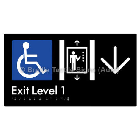 Braille Sign Exit Level 1 Via Lift w/ Large Arrow - Braille Tactile Signs (Aust) - BTS271->D-blk - Fully Custom Signs - Fast Shipping - High Quality - Australian Made &amp; Owned
