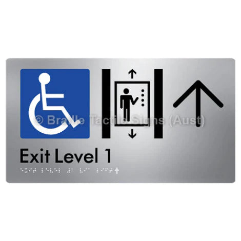 Braille Sign Exit Level 1 Via Lift w/ Large Arrow - Braille Tactile Signs (Aust) - BTS271->U-aliS - Fully Custom Signs - Fast Shipping - High Quality - Australian Made &amp; Owned