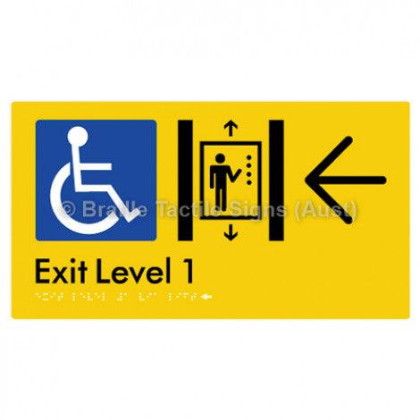 Braille Sign Exit Level 1 Via Lift w/ Large Arrow - Braille Tactile Signs (Aust) - BTS271->L-yel - Fully Custom Signs - Fast Shipping - High Quality - Australian Made &amp; Owned