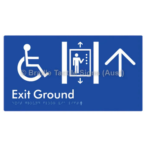 Braille Sign Exit Level Ground Via Lift w/ Large Arrow - Braille Tactile Signs (Aust) - BTS271-GF->U-blu - Fully Custom Signs - Fast Shipping - High Quality - Australian Made &amp; Owned