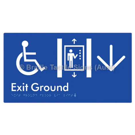 Braille Sign Exit Level Ground Via Lift w/ Large Arrow - Braille Tactile Signs (Aust) - BTS271-GF->D-blu - Fully Custom Signs - Fast Shipping - High Quality - Australian Made &amp; Owned