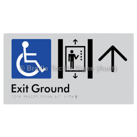 Braille Sign Exit Level Ground Via Lift w/ Large Arrow - Braille Tactile Signs (Aust) - BTS271-GF->U-slv - Fully Custom Signs - Fast Shipping - High Quality - Australian Made &amp; Owned