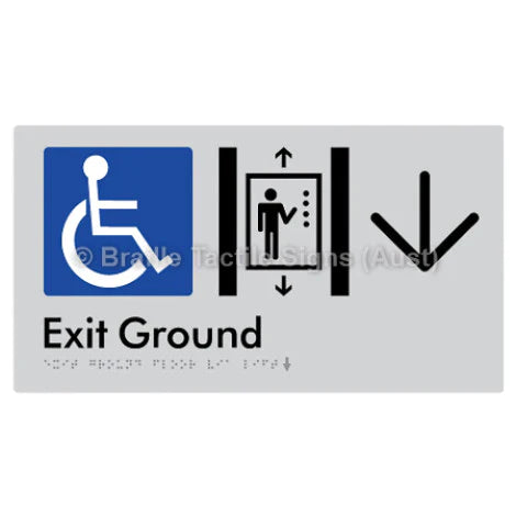 Braille Sign Exit Level Ground Via Lift w/ Large Arrow - Braille Tactile Signs (Aust) - BTS271-GF->D-slv - Fully Custom Signs - Fast Shipping - High Quality - Australian Made &amp; Owned