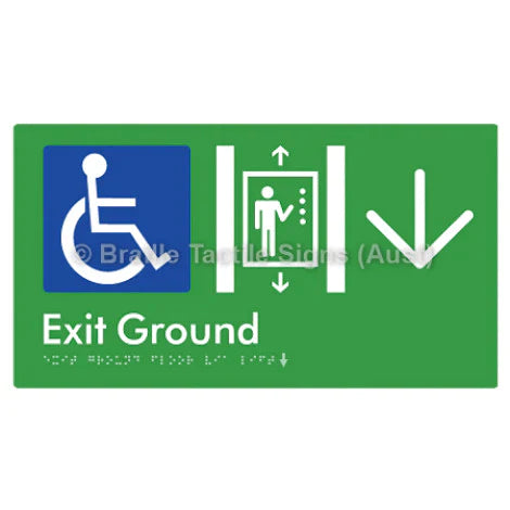 Braille Sign Exit Level Ground Via Lift w/ Large Arrow - Braille Tactile Signs (Aust) - BTS271-GF->D-grn - Fully Custom Signs - Fast Shipping - High Quality - Australian Made &amp; Owned