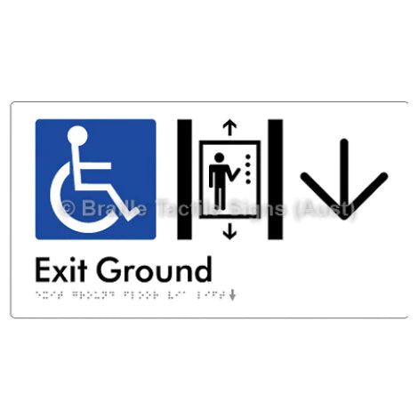 Braille Sign Exit Level Ground Via Lift w/ Large Arrow - Braille Tactile Signs (Aust) - BTS271-GF->D-wht - Fully Custom Signs - Fast Shipping - High Quality - Australian Made &amp; Owned