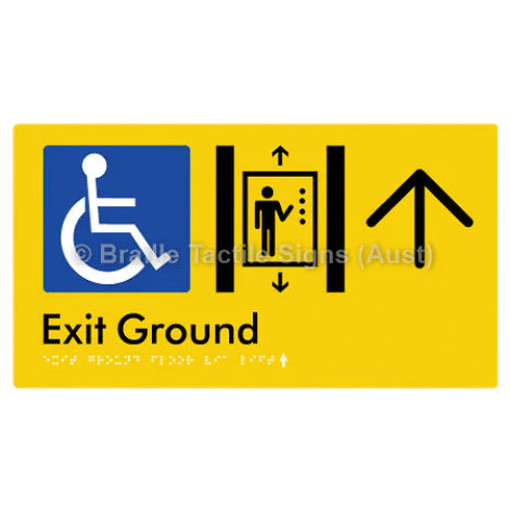 Braille Sign Exit Level Ground Via Lift w/ Large Arrow - Braille Tactile Signs (Aust) - BTS271-GF->U-yel - Fully Custom Signs - Fast Shipping - High Quality - Australian Made &amp; Owned