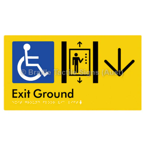 Braille Sign Exit Level Ground Via Lift w/ Large Arrow - Braille Tactile Signs (Aust) - BTS271-GF->D-yel - Fully Custom Signs - Fast Shipping - High Quality - Australian Made &amp; Owned