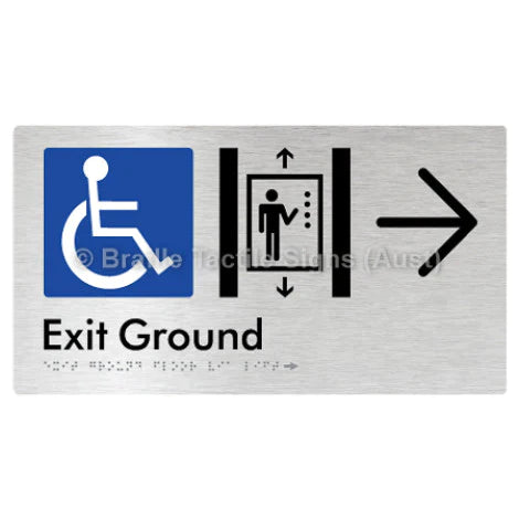 Braille Sign Exit Level Ground Via Lift w/ Large Arrow - Braille Tactile Signs (Aust) - BTS271-GF->R-aliB - Fully Custom Signs - Fast Shipping - High Quality - Australian Made &amp; Owned