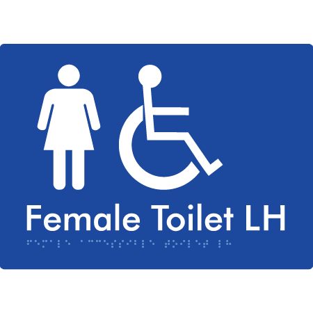 Braille Sign Female Accessible Toilet LH / RH - Braille Tactile Signs Aust. - BTS05LHn-blu - Custom Signs - Fast Shipping - High Quality - Australian Made &amp; Owned