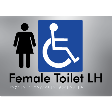 Braille Sign Female Accessible Toilet LH / RH - Braille Tactile Signs Aust. - BTS05LHn-aliS - Custom Signs - Fast Shipping - High Quality - Australian Made &amp; Owned