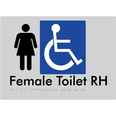 Braille Sign Female Accessible Toilet LH / RH - Braille Tactile Signs Aust. - BTS05RHn-slv - Custom Signs - Fast Shipping - High Quality - Australian Made &amp; Owned
