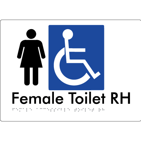 Braille Sign Female Accessible Toilet LH / RH - Braille Tactile Signs Aust. - BTS05RHn-wht - Custom Signs - Fast Shipping - High Quality - Australian Made &amp; Owned