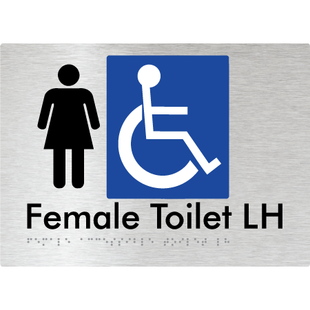 Braille Sign Female Accessible Toilet LH / RH - Braille Tactile Signs Aust. - BTS05LHn-aliB - Custom Signs - Fast Shipping - High Quality - Australian Made &amp; Owned