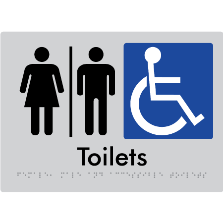 Braille Sign Female, Male & Accessible Toilets With Air Lock - Braille Tactile Signs Aust. - BTS407-AL-slv - Custom Signs - Fast Shipping - High Quality - Australian Made &amp; Owned