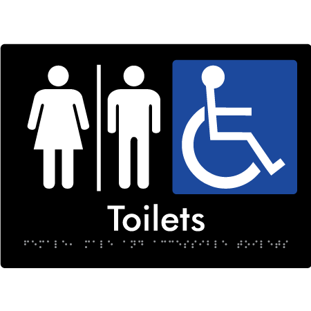 Braille Sign Female, Male & Accessible Toilets With Air Lock - Braille Tactile Signs Aust. - BTS407-AL-blk - Custom Signs - Fast Shipping - High Quality - Australian Made &amp; Owned