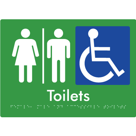 Braille Sign Female, Male & Accessible Toilets With Air Lock - Braille Tactile Signs Aust. - BTS407-AL-grn - Custom Signs - Fast Shipping - High Quality - Australian Made &amp; Owned