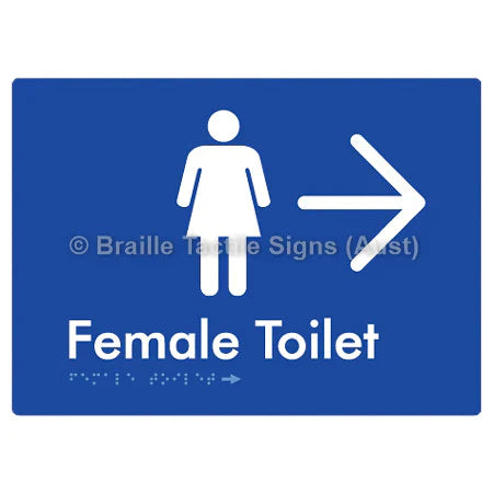 Female Toilet w/ Large Arrow - Braille Tactile Signs (Aust) - BTS01n->R-blu - Fully Custom Signs - Fast Shipping - High Quality