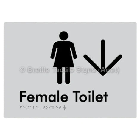 Female Toilet w/ Large Arrow - Braille Tactile Signs (Aust) - BTS01n->D-slv - Fully Custom Signs - Fast Shipping - High Quality