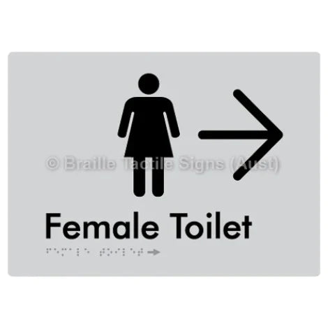 Female Toilet w/ Large Arrow - Braille Tactile Signs (Aust) - BTS01n->R-slv - Fully Custom Signs - Fast Shipping - High Quality