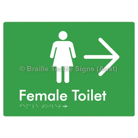 Female Toilet w/ Large Arrow - Braille Tactile Signs (Aust) - BTS01n->R-grn - Fully Custom Signs - Fast Shipping - High Quality