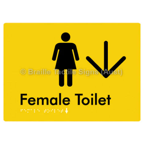 Female Toilet w/ Large Arrow - Braille Tactile Signs (Aust) - BTS01n->D-yel - Fully Custom Signs - Fast Shipping - High Quality