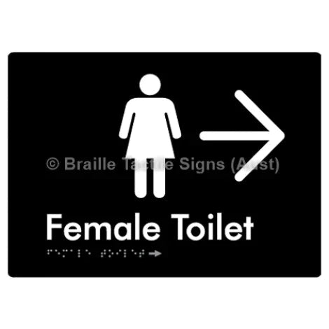 Female Toilet w/ Large Arrow - Braille Tactile Signs (Aust) - BTS01n->R-blk - Fully Custom Signs - Fast Shipping - High Quality