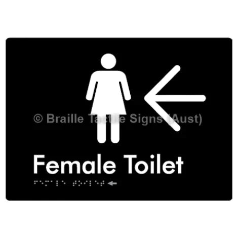 Female Toilet w/ Large Arrow - Braille Tactile Signs (Aust) - BTS01n->L-blk - Fully Custom Signs - Fast Shipping - High Quality