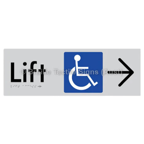 Braille Sign Lift Access w/ Large Arrow - Braille Tactile Signs (Aust) - BTS174->R-slv - Fully Custom Signs - Fast Shipping - High Quality - Australian Made &amp; Owned
