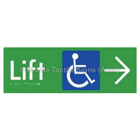 Braille Sign Lift Access w/ Large Arrow - Braille Tactile Signs (Aust) - BTS174->R-grn - Fully Custom Signs - Fast Shipping - High Quality - Australian Made &amp; Owned
