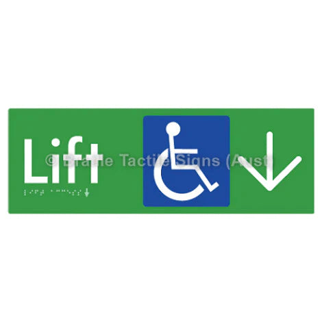 Braille Sign Lift Access w/ Large Arrow - Braille Tactile Signs (Aust) - BTS174->D-grn - Fully Custom Signs - Fast Shipping - High Quality - Australian Made &amp; Owned