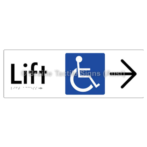 Braille Sign Lift Access w/ Large Arrow - Braille Tactile Signs (Aust) - BTS174->R-wht - Fully Custom Signs - Fast Shipping - High Quality - Australian Made &amp; Owned