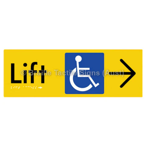 Braille Sign Lift Access w/ Large Arrow - Braille Tactile Signs (Aust) - BTS174->R-yel - Fully Custom Signs - Fast Shipping - High Quality - Australian Made &amp; Owned