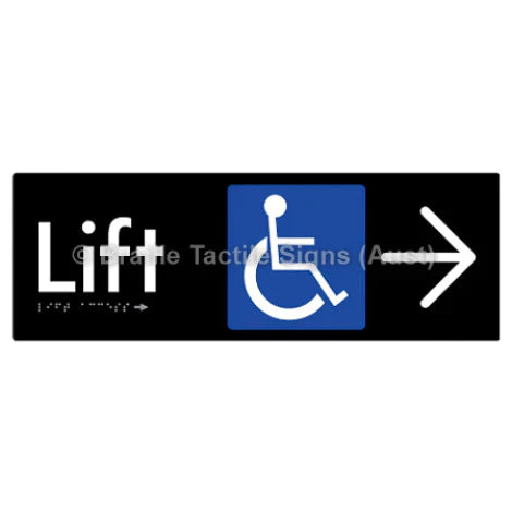 Braille Sign Lift Access w/ Large Arrow - Braille Tactile Signs (Aust) - BTS174->R-blk - Fully Custom Signs - Fast Shipping - High Quality - Australian Made &amp; Owned